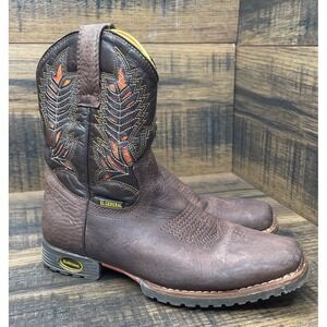 El General Cowboy Boots Kids Size 12 Brown Leather Orange Embroidery Lug Sole